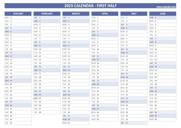 Blank calendar for first half 2025