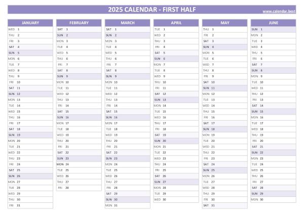 Blank calendar for first half 2025