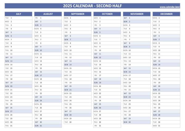 Blank calendar for second half 2025