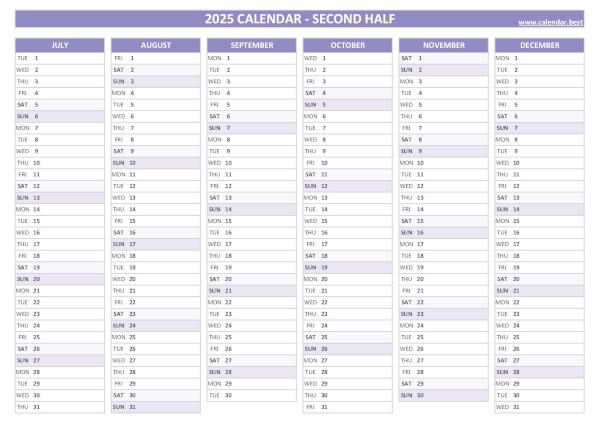 Blank calendar for second half 2025