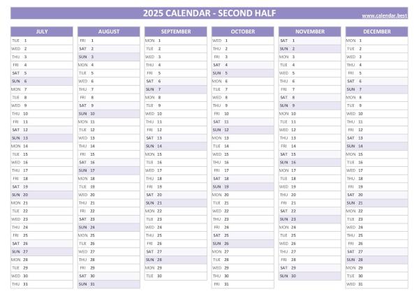 2025 half year calendar to print