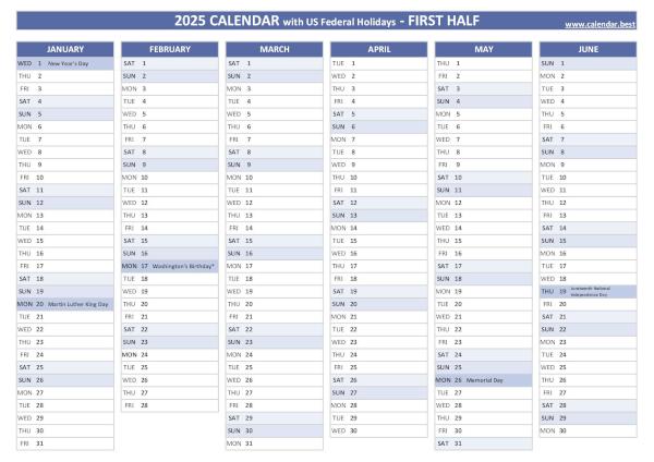 First half year calendar 2025 with holidays