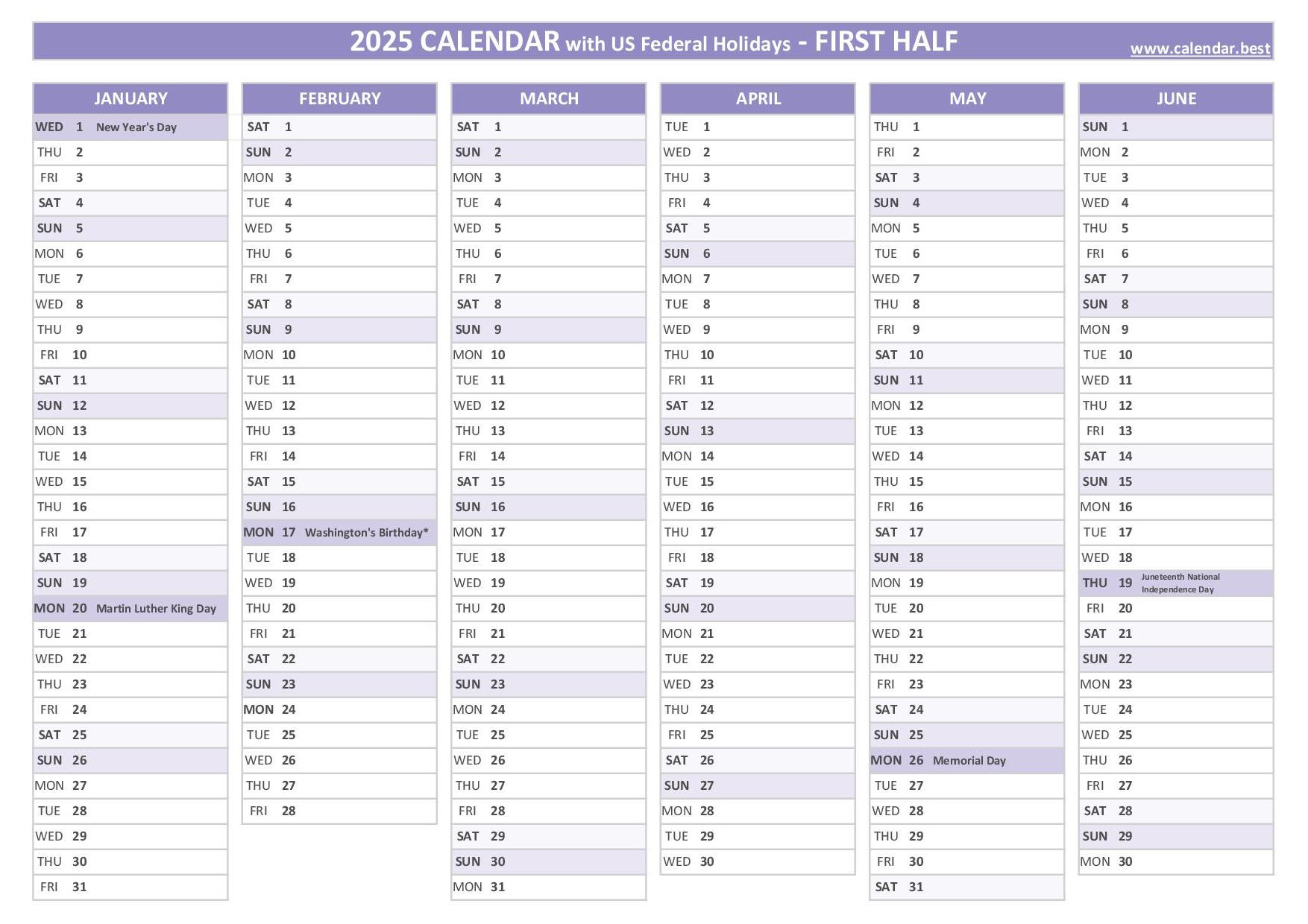 First half year calendar 2025 with holidays