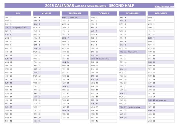 Second half year calendar 2025 with holidays