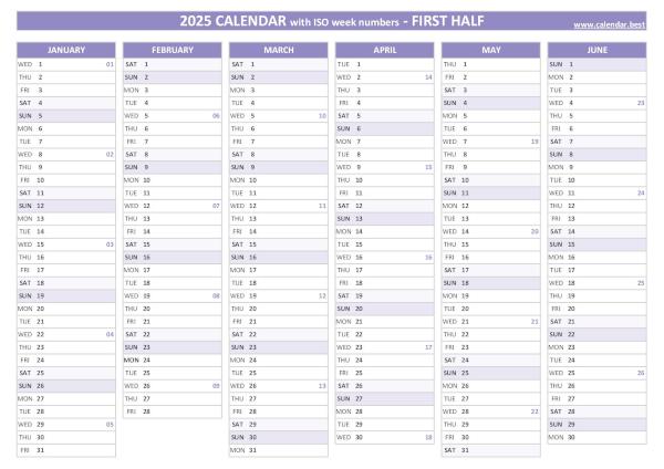 First half year calendar 2025 with ISO week numbers