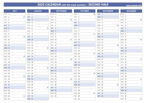 Second half year calendar 2025 with ISO week numbers