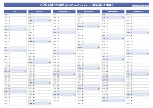 Second half year calendar 2025 with US week numbers