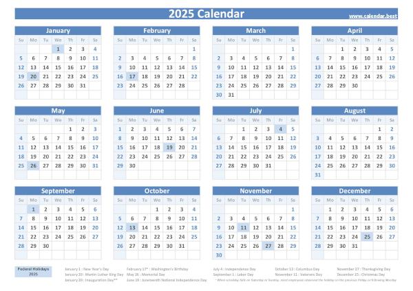 Calendar 2025 with holidays