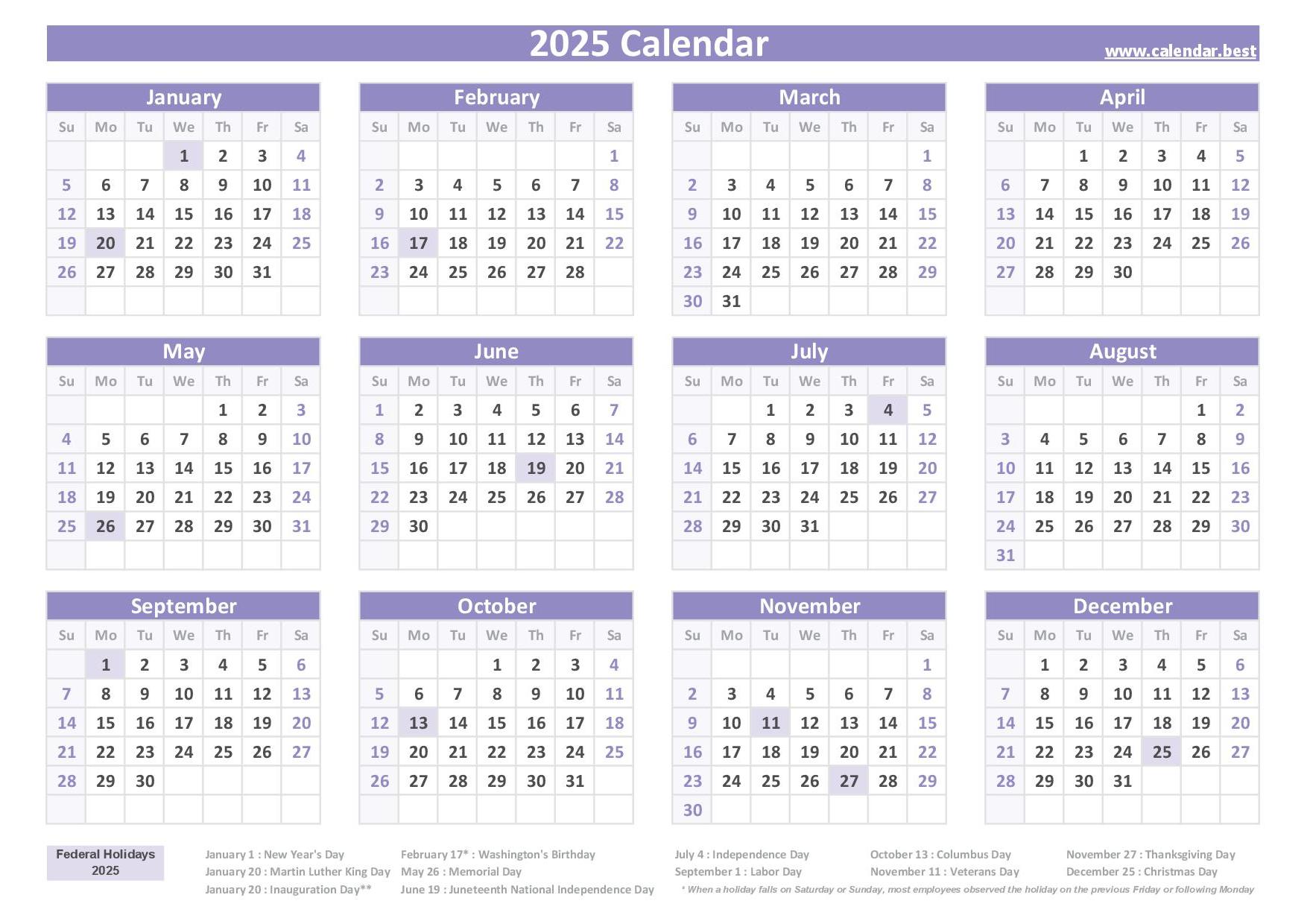 2025 calendar with holidays (US Federal Holidays)
