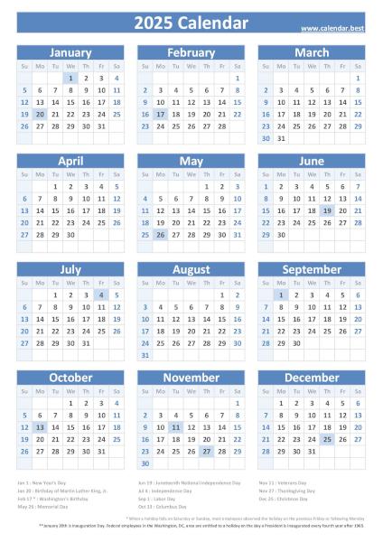 2025 calendar with holidays, blue template