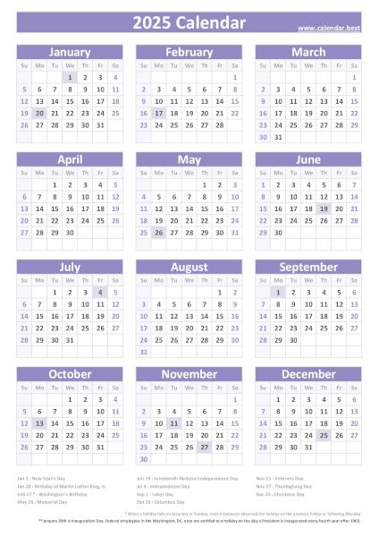 2025 calendar with holidays, purple template