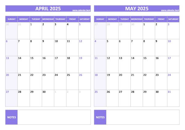 April and May 2025 calendar, blank, A4 landscape, purple template