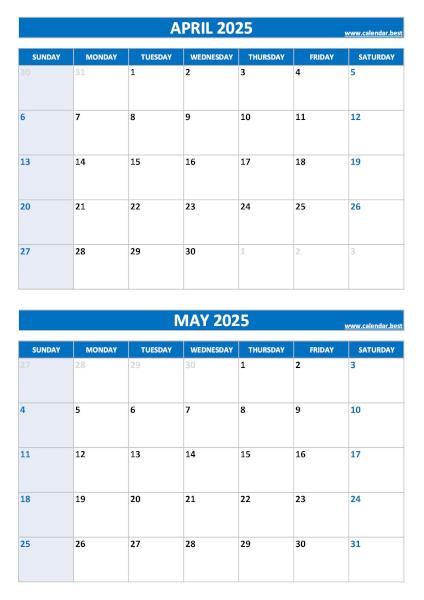 April and May 2025 calendar, blank, A4 portrait, blue template