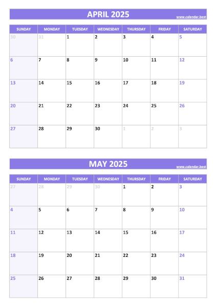 April and May 2025 calendar, blank, A4 portrait, purple template
