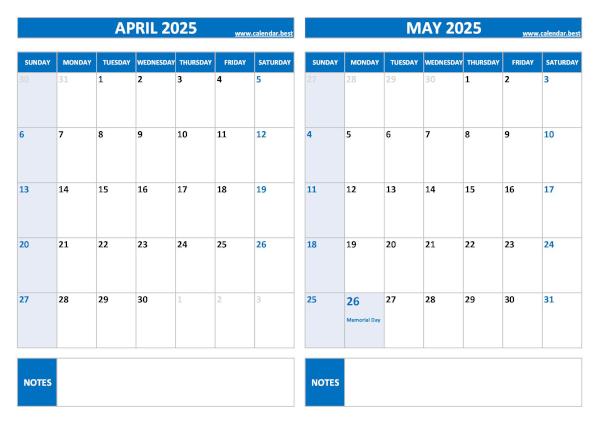 April and May 2025 calendar with US holidays, A4 landscape, blue template