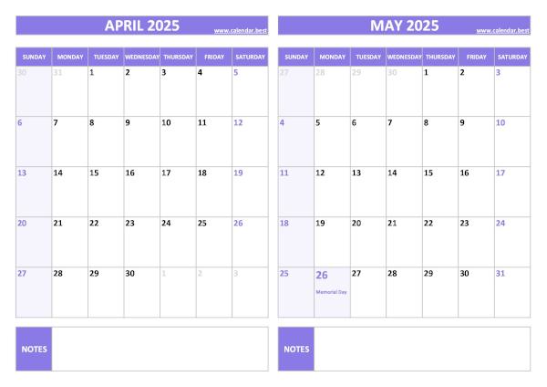 April and May 2025 calendar with US holidays, A4 landscape, purple template