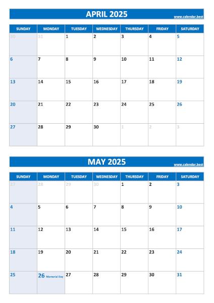 April and May 2025 calendar with US holidays, A4 portrait, blue template