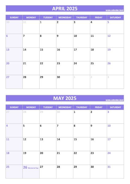 April and May 2025 calendar with US holidays, A4 portrait, purple template