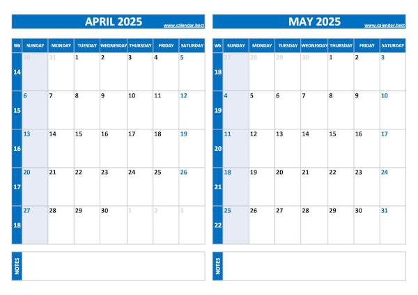 April and May 2025 calendar with week numbers, A4 landscape, blue template