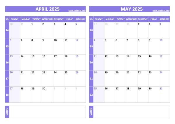 April and May 2025 calendar with week numbers, A4 landscape, purple template