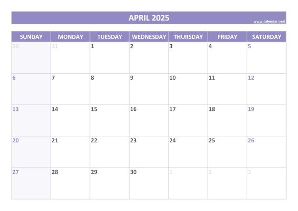 Blank monthly calendar : April 2025