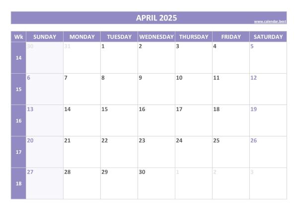 April 2025 calendar with weeks