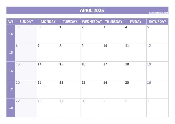 Printable monthly calendar with week numbers, Month of April 2025, purple template April 2025 calendar with weeks