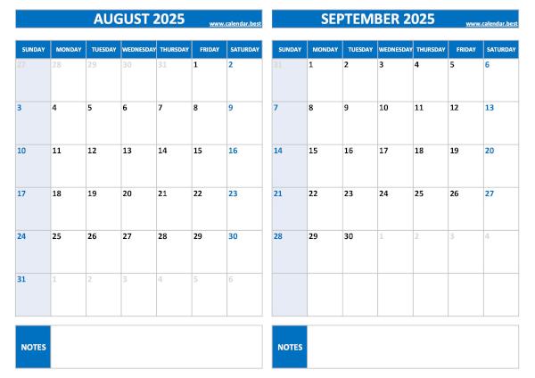 August and September 2025 calendar to print, blank template