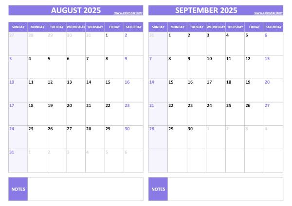 August and September 2025 calendar, blank, A4 landscape, purple template