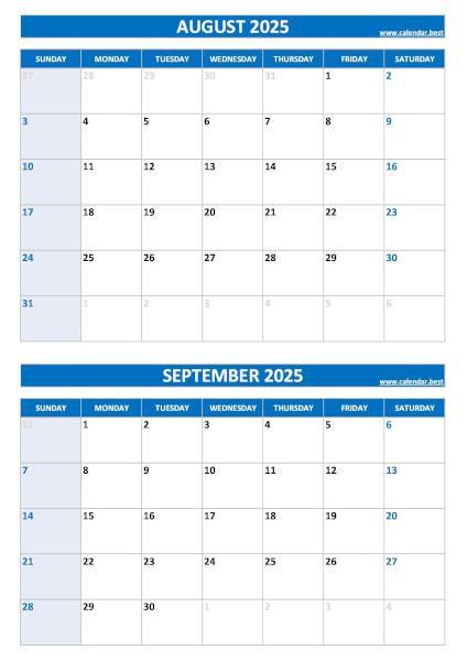 August and September 2025 calendar, blank, A4 portrait, blue template