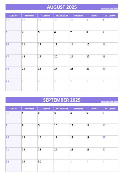 August and September 2025 calendar, blank, A4 portrait, purple template