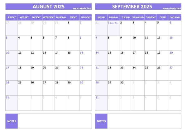August and September 2025 calendar with US holidays, A4 landscape, purple template