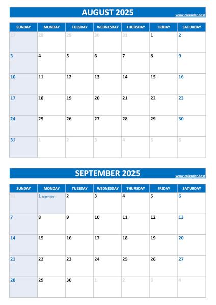 August and September 2025 calendar with US holidays, A4 portrait, blue template