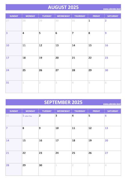 August and September 2025 calendar with US holidays, A4 portrait, purple template