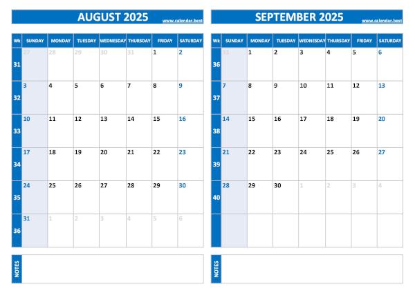 August and September 2025 calendar with week numbers, A4 landscape, purple template