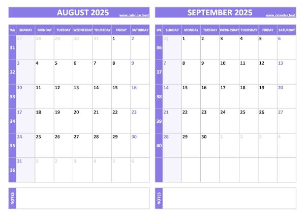 August and September 2025 calendar with week numbers, A4 landscape, purple template