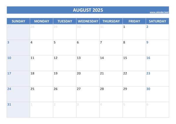 August 2025 printable calendar