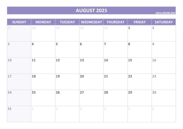 Blank monthly calendar : August 2025