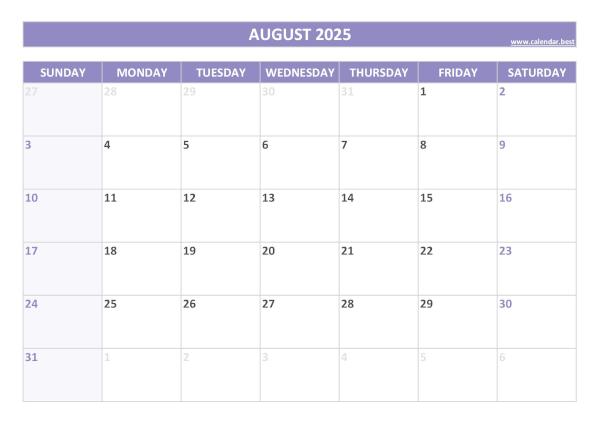 August 2025 printable calendar