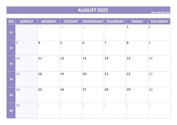 Printable monthly calendar with week numbers, Month of August 2025, purple template August 2025 calendar with weeks