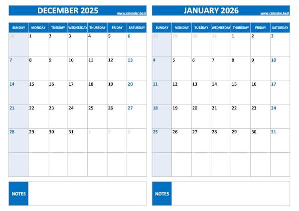 Free printable December 2025 and January 2026 blank calendar - landscape format, blue template, download as PDF or JPG December 2025 and January 2026 calendar, blank, A4 landscape, blue template