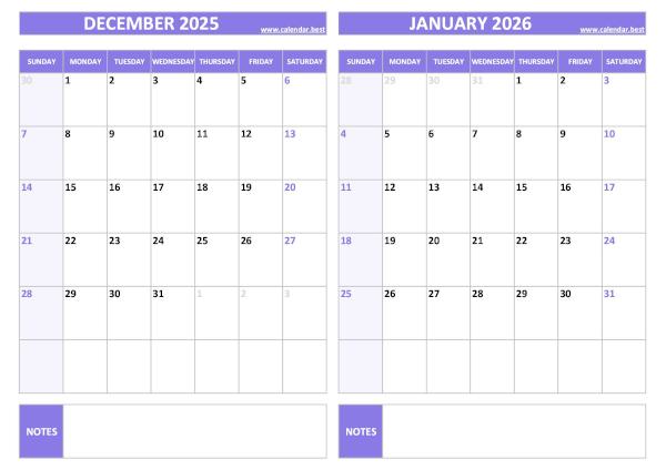 Free printable December 2025 and January 2026 blank calendar - landscape format, purple template, download as PDF or JPG December 2025 and January 2026 calendar, blank, A4 landscape, purple template