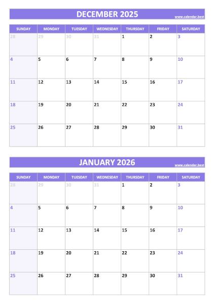 Free printable December 2025 and January 2026 blank calendar - portrait format, purple template, download as PDF or JPG December 2025 and January 2026 calendar, blank, A4 portrait, purple template