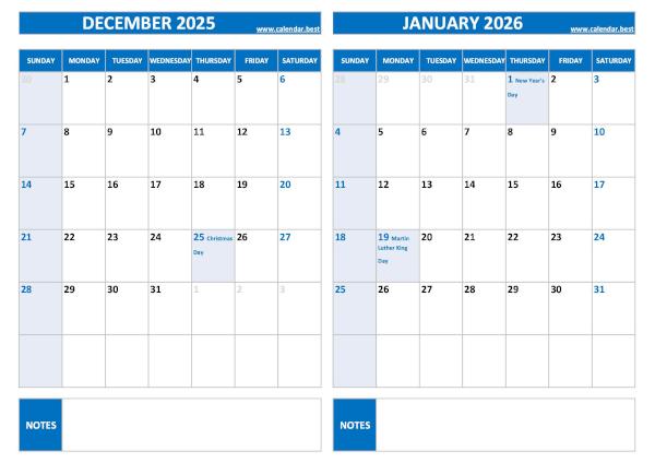 Free printable December 2025 and January 2026 calendar with US federal holidays, landscape format, blue template, download as PDF or JPG December 2025 and January 2026 calendar with US holidays, A4 landscape, blue template