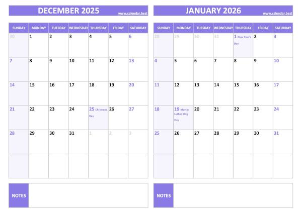 Free printable December 2025 and January 2026 calendar with US federal holidays, landscape format, purple template, download as PDF or JPG December 2025 and January 2026 calendar with US holidays, A4 landscape, purple template