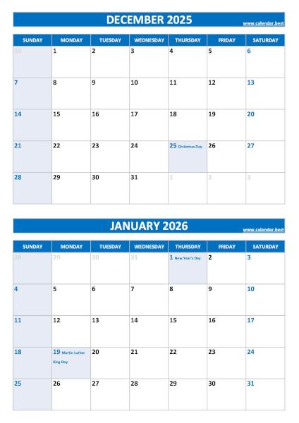 Free printable December 2025 and January 2026 calendar with US federal holidays, portrait format, blue template, download as PDF or JPG December 2025 and January 2026 calendar with US holidays, A4 portrait, blue template