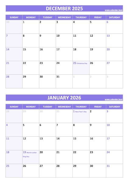 Free printable December 2025 and January 2026 calendar with US federal holidays, portrait format, purple template, download as PDF or JPG December 2025 and January 2026 calendar with US holidays, A4 portrait, purple template