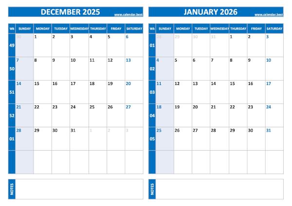 Free printable December 2025 and January 2026 calendar with US week layout, landscape format, blue template, download as PDF or JPG December 2025 and January 2026 calendar with week numbers, A4 landscape, blue template