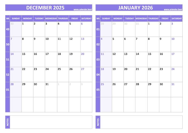 Free printable December 2025 and January 2026 calendar with US week layout, landscape format, purple template, download as PDF or JPG December 2025 and January 2026 calendar with week numbers, A4 landscape, purple template