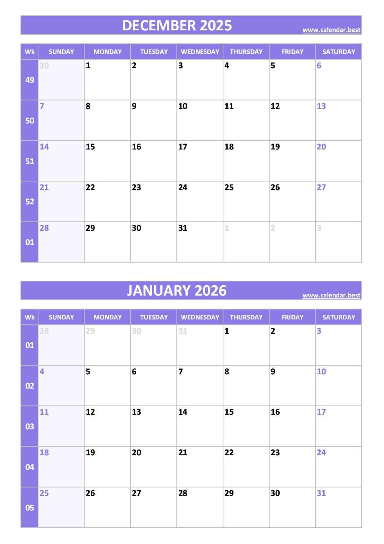 Free printable December 2025 and January 2026 calendar with US week layout, portrait format, purple template, download as PDF or JPG December 2025 and January 2026 calendar with week numbers, A4 portrait, purple template